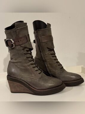 A.S.98 Thatcher-Buckle Wedge Ankle Boots in Gray